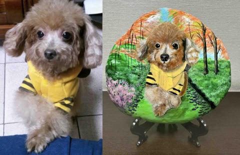 畫布、石頭彩繪(寵物、人物肖像似顏繪) - 左圖為客戶來圖照片，右圖為手繪成品，極具紀念收藏價值。(定價$1,500)