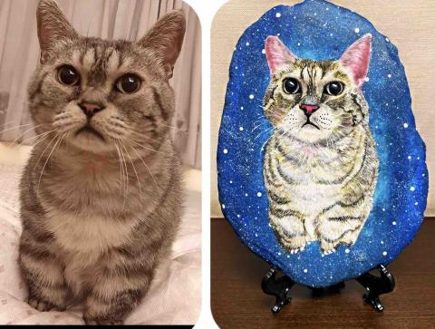 畫布、石頭彩繪(寵物、人物肖像似顏繪) - 左圖為客戶來圖照片，右圖為手繪成品，極具紀念收藏價值。(定價$1,500)