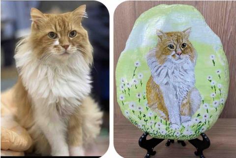 畫布、石頭彩繪(寵物、人物肖像似顏繪) - 左圖為客戶來圖照片，右圖為手繪成品，極具紀念收藏價值。(定價$1500)