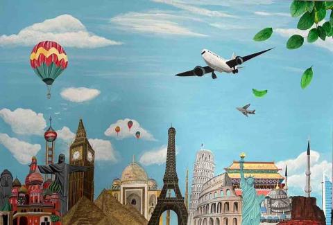 畫布、石頭彩繪(寵物、人物肖像似顏繪) - 此幅客戶為旅行社業者找上我幫她畫各國主題地景，尺吋60號無框油畫布130x89cm，耗時約一個月，訂價$18,888元。(一路發發發)