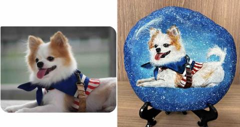 畫布、石頭彩繪(寵物、人物肖像似顏繪) - 左圖為客戶來圖照片，右圖為手繪成品，極具紀念收藏價值。(定價$1,500)