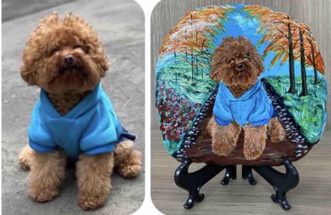 畫布、石頭彩繪(寵物、人物肖像似顏繪) - 左圖為客戶來圖照片，右圖為手繪成品，極具紀念收藏價值。(定價$1,500)