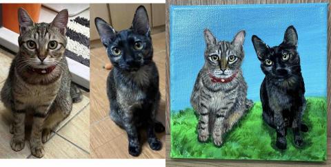 畫布、石頭彩繪(寵物、人物肖像似顏繪) - 此幅作品為1號油畫布，尺寸22x15cm，加畫一隻加價$300，訂價$1,800。