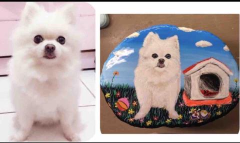 畫布、石頭彩繪(寵物、人物肖像似顏繪) - 左圖為客戶來圖照片，右圖為手繪成品，飼主要求給他畫一個家，極具紀念收藏價值。(定價$1,500)