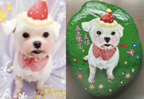 畫布、石頭彩繪(寵物、人物肖像似顏繪) - 左圖為客戶來圖照片，右圖為手繪成品，極具紀念收藏價值。(此幅背景較簡單，定價$800)