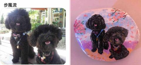 畫布、石頭彩繪(寵物、人物肖像似顏繪) - 左圖為客戶來圖照片，右圖為手繪成品，極具紀念收藏價值。(此幅兩隻一起加價300元，定價$1,800)