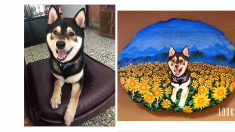 畫布、石頭彩繪(寵物、人物肖像似顏繪) - 左圖為客戶來圖照片，右圖為手繪成品，極具紀念收藏價值。(定價$1500)