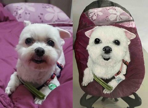 畫布、石頭彩繪(寵物、人物肖像似顏繪) - 左圖為客戶來圖照片，希望能依照整張原來的圖像背景完整入畫原圖重現，右圖為手繪成品，極具紀念收藏價值。(定價$1500)