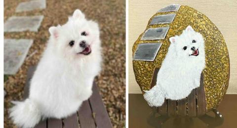 畫布、石頭彩繪(寵物、人物肖像似顏繪) - 左圖為客戶來圖照片，希望原圖重現全部入畫，右圖為手繪成品，極具紀念、收藏意義，訂價$1,500元。