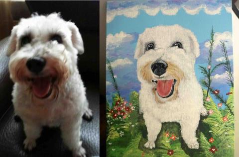 畫布、石頭彩繪(寵物、人物肖像似顏繪) - 此幅為五號油畫布，尺吋35x24cm,售價$2100。(壓克力彩)