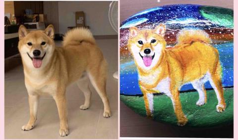 畫布、石頭彩繪(寵物、人物肖像似顏繪) - 左圖為客戶來圖照片，右圖為手繪成品，極具紀念收藏價值。(定價$1,500)