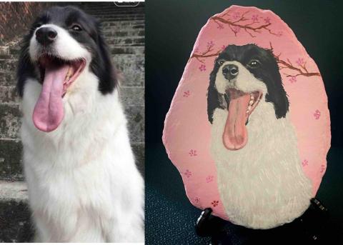 畫布、石頭彩繪(寵物、人物肖像似顏繪) - 左圖為客戶來圖照片，右圖為手繪成品，極具紀念收藏價值。(定價$1500)