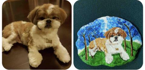 畫布、石頭彩繪(寵物、人物肖像似顏繪) - 左圖為客戶來圖照片，右圖為手繪成品，極具紀念收藏價值。(定價$1,500)