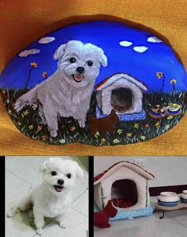 畫布、石頭彩繪(寵物、人物肖像似顏繪) - 客戶指定圖片希望原圖重現，此顆尺寸約為成人手掌張開大，價格定在$1500，極具特色與紀念意義。