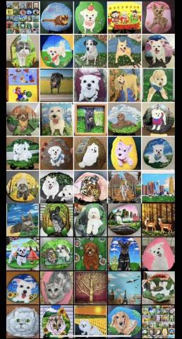 石頭彩繪 - ①石頭彩繪特色極具紀念、收藏意義，防水、防塵不易退色，可適應外在環境，顏料保固一年，定價$800元起。
②各種尺寸無框油畫布$1,500元起。