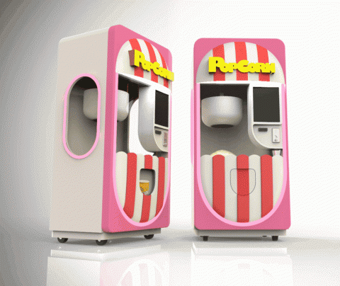 Avo Li - A cutting-edge popcorn vending machine with a touchscreen and LED lighting effects. Its illuminated exterior and enlarged viewing window enhance the consumer entertainment experience.