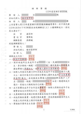 楊羽萱律師（樂羽國際法律事務所） - 協助客戶離婚、子女監護權、扶養費調解成功