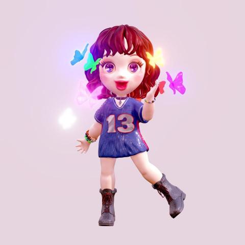 PrettyPotato - 角色穿著幸運數字13的球衣和友誼手鍊，搭配著周圍彩色的蝴蝶飛舞，整體畫面充滿活力和動感，展現出角色的活力和參加演唱會的期待。