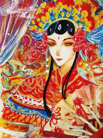 優優(yoyo) - 《戲子》
畫中的戲子身穿華麗戲服，臉上帶著精緻妝容，舞台上
神態庄重，充滿戲劇張力。然而，卸妝後的他坐在簡陋的化妝間中，神情疲憊而寂寞 ,誰知戲子台前光鮮與背後辛酸的兩面。