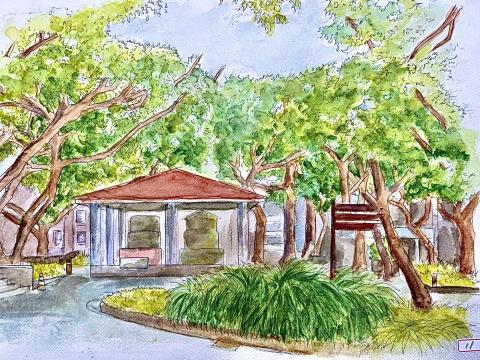 優優(yoyo) - 《八二三紀念公園寫生》
黃昏之光日落時分的壯麗景象，明亮的黃光
與深藍的夜色交織，營造出一種夢幻且動人的氛圍，畫中的色彩對比強烈，呈現出自然界的無限美麗與
變幻。水彩課時我們帶著完整的畫具，來到八二三紀念公園 ( 中和四號公園），進行水彩寫生。