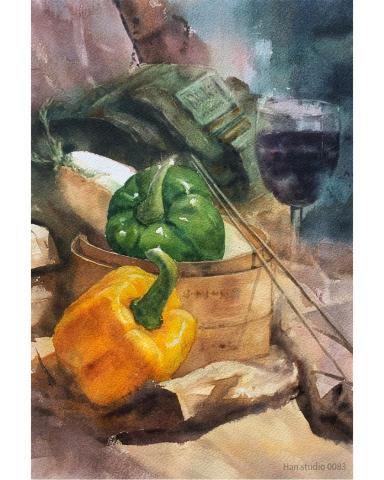 Han studio  邱柏翰 - 這週青椒組合靜物水彩課堂示範，分層2-3次完成
透底色很適合這個畫法。 

如果你想學習水彩，遇到操作不順，我們課堂會帶著你，用邏輯、理性分析水彩特性及示範，幫助你理解看懂及學會喔，請立即私訊洽詢課程