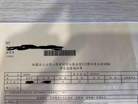 金時聿 - 112分科成績