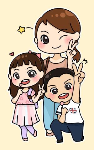 Bassie - 全身人物插畫
親戚與小孩出去玩的照片，以可愛畫風呈現