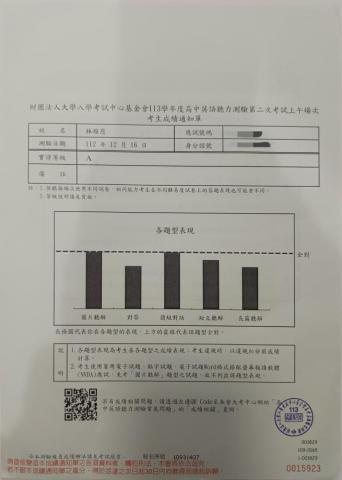 林瑄恩-清大化學 - 113學測英聽-A級