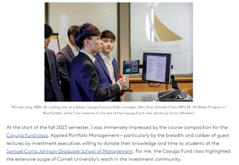 Daniel Chen - 於康乃爾大學擔任學生投資組合經理，管理校務基金