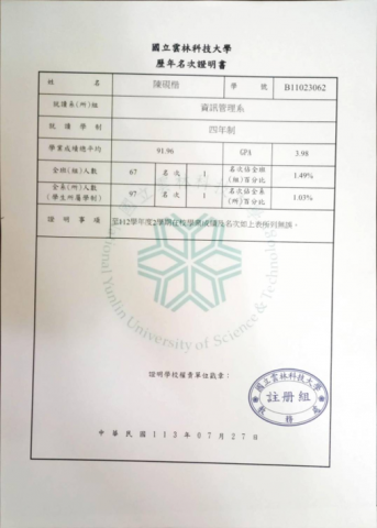 陳硯楷 - 大學系排第一