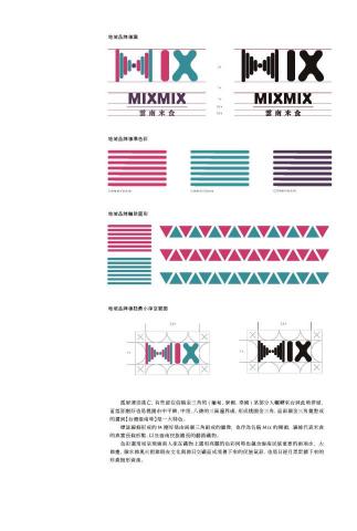 張琳 - 孤軍漂泊逃亡，有些留在俗稱金三角的( 緬甸、寮國、泰國) 某部分人輾轉來台到此地停留，而落腳剛好也是桃園市中平鎮、中壢、八德的三區邊界處，形成桃園金三角，而兩個金三角彙整成的獨到【台灣雲南味】是一大特色。
標誌線條形成的M 剛好是由兩個三角組成的圖像，也作為名稱Mix 的開頭，線條代表米食的真實長條形態、以及雲南民族擅長的藝術織物。
色彩選用如呈現雲南人家在織物上選用亮麗的色彩同時也蘊含雲風情。
