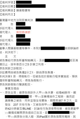 吳冠邑律師 - 民事案例：成功為當事人爭取遭侵害配偶權之損害賠償。