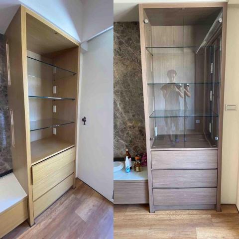 達霖建築貼膜 - 客廳系統櫃翻新，褪色淺木紋換上較有層次的深木紋系列