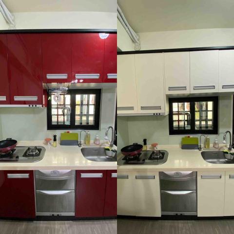 達霖建築貼膜 - 廚房系統櫃改色，突兀的大紅色換成暖色系