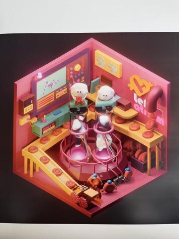 鄭筠羲 - Blender［心臟工廠］
以心臟為主題，做出如同工廠般的運作：紅血球化成甜甜圈，被製作出來準備運輸出去（中間的打氣筒暗示著這裡是運輸充氧血）。在這個血汗工廠裡，紅血球既是商品亦是員工，被淘汰的只能如同垃圾一樣被棄置在角落。
