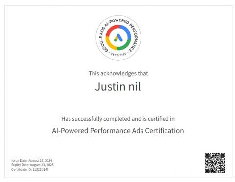 Justin 網站架設/廣告行銷/SEO/字幕/聲音處理 - Google AI驅動廣告專業認證資格