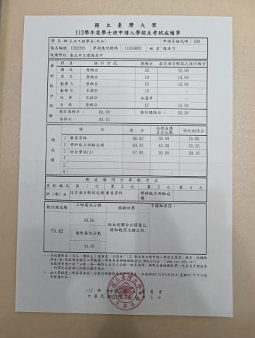 陳浩勻 - 國立台灣大學 土木工程學系 個人申請錄取通知書