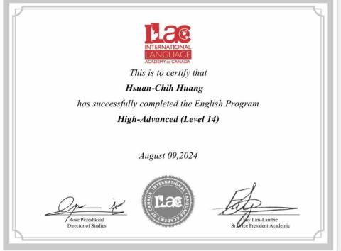 Stella Huang - 加拿大遊學證明(入學考試分發至高級班）