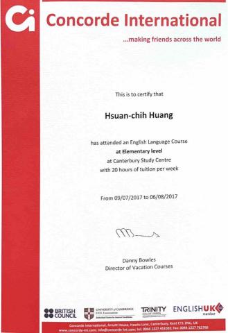 Stella Huang - 英國遊學證明
