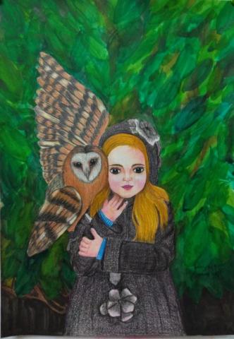 糖果手創美術工作室 - 色鉛筆和顏料-女孩與貓頭鷹