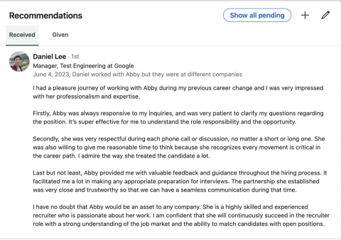 Abby Zeng - Recommended by candidate.