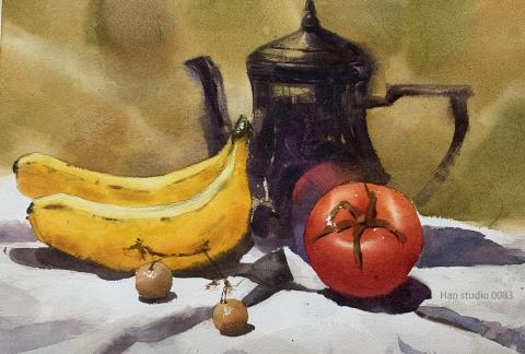Han studio  邱柏翰 - 亮色靜物組課堂示範，這堂課目標是在保持透亮的狀態下加入變化

如果你想學習水彩，我們有完整教學方法能讓你學會水彩特性及操作方法，歡迎加入我們一起開心畫水彩