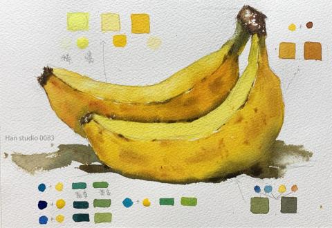 Han studio  邱柏翰 - 香蕉顏色分析，介紹不同種藍色與黃色調和出的差異

如果你想了解如何分配顏色及保持顏色亮麗，請立即洽詢我們水彩課，我們課堂上能幫助你學會水彩的特性喔
