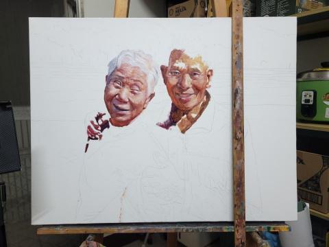 楊詠心 - 客訂作品，"茶園裡的祖父母"過程圖，油畫，15F，2024