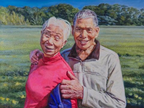 楊詠心 - 客訂作品，"茶園裡的祖父母"，油畫，15F，2024