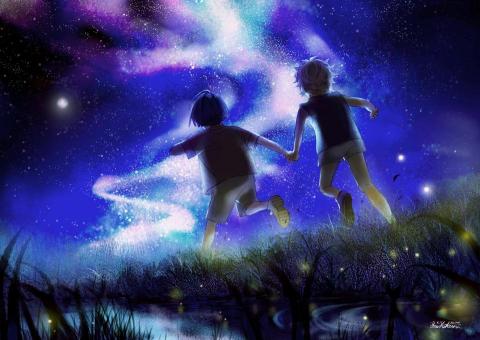 藍色水豚(秀雄) - 插圖設計。
描寫孩童在星空下奔跑。