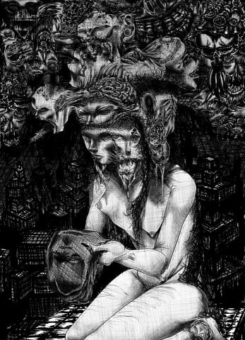 藍色水豚(秀雄) - 插畫設計。《壓抑》創作理念概述：為了讓自己得以在這個世界上生存，必須在沒人的夜晚換下一層層死皮，好讓明天的自己依然用初生的面貌正常生活。利用詭譎的面部表情跟身體構造引人不適，表現沉重壓抑的氣氛，傳達給觀者因壓抑的心理造成喘不過氣的痛苦。