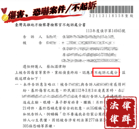 蔡淑湄律師（律群國際法律事務所） - 當事人被指控傷害、恐嚇 經本所辯護成功獲不起訴。