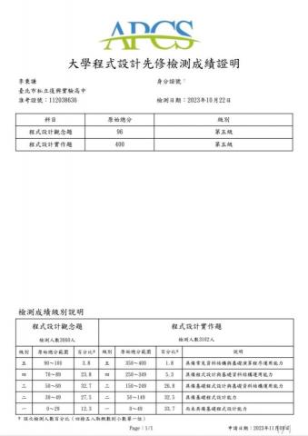 程式設計小剛老師 - 學生參加臺灣APCS檢定，獲得實作400分滿分，觀念題96分，5＋5的最高分成績！