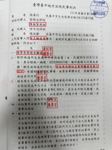 陳穎賢律師 - 當事人委任律師提起離婚訴訟並爭取擔任未成年子女之主要照顧者及每月扶養費用，法院最終准許離婚，且認定由我方擔任主要照顧者較符合未成年子女利益。